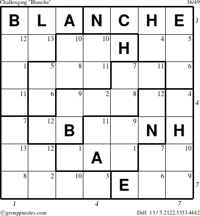 The grouppuzzles.com Challenging Blanche puzzle for , suitable for printing, with all 13 steps marked