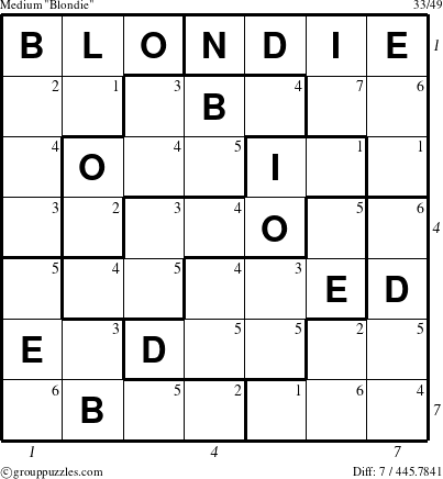 The grouppuzzles.com Medium Blondie puzzle for , suitable for printing, with all 7 steps marked