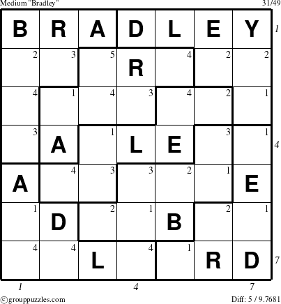 The grouppuzzles.com Medium Bradley puzzle for , suitable for printing, with all 5 steps marked