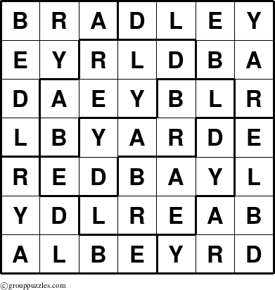 The grouppuzzles.com Answer grid for the Bradley puzzle for 