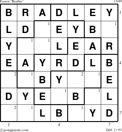 The grouppuzzles.com Easiest Bradley puzzle for , suitable for printing, with all 2 steps marked