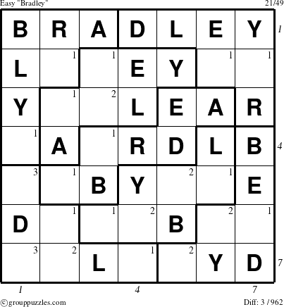 The grouppuzzles.com Easy Bradley puzzle for , suitable for printing, with all 3 steps marked