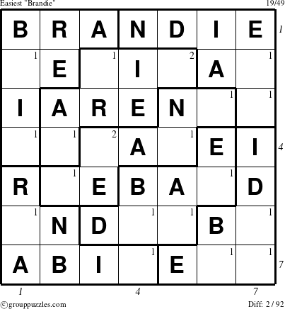 The grouppuzzles.com Easiest Brandie puzzle for , suitable for printing, with all 2 steps marked