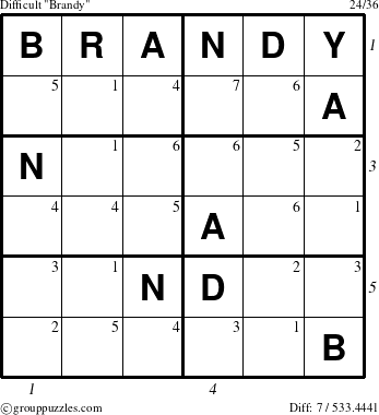 The grouppuzzles.com Difficult Brandy puzzle for , suitable for printing, with all 7 steps marked