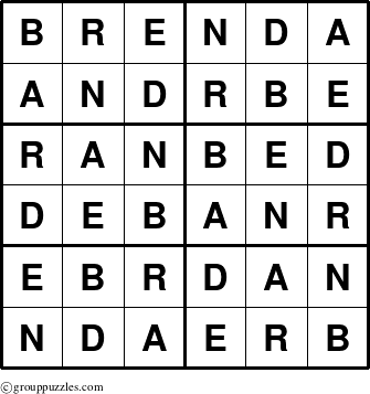 The grouppuzzles.com Answer grid for the Brenda puzzle for 