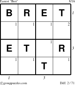 The grouppuzzles.com Easiest Bret puzzle for , suitable for printing, with all 2 steps marked