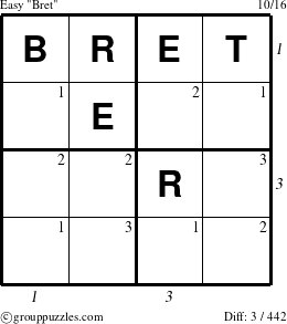 The grouppuzzles.com Easy Bret puzzle for  with all 3 steps marked