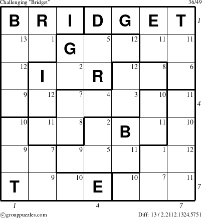 The grouppuzzles.com Challenging Bridget puzzle for , suitable for printing, with all 13 steps marked