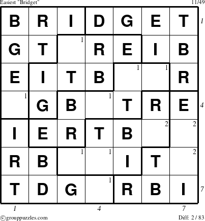 The grouppuzzles.com Easiest Bridget puzzle for , suitable for printing, with all 2 steps marked