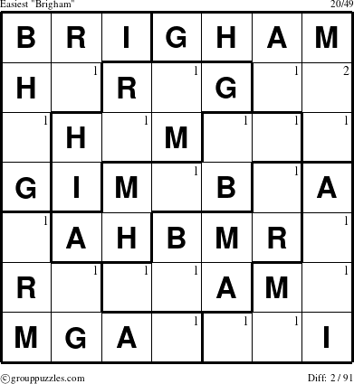The grouppuzzles.com Easiest Brigham puzzle for  with the first 2 steps marked