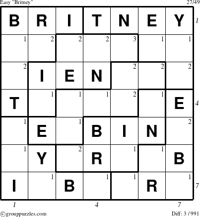 The grouppuzzles.com Easy Britney puzzle for , suitable for printing, with all 3 steps marked