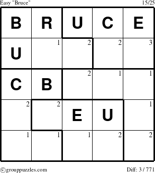 The grouppuzzles.com Easy Bruce puzzle for  with the first 3 steps marked
