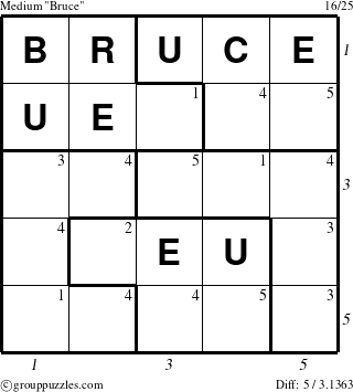 The grouppuzzles.com Medium Bruce puzzle for , suitable for printing, with all 5 steps marked