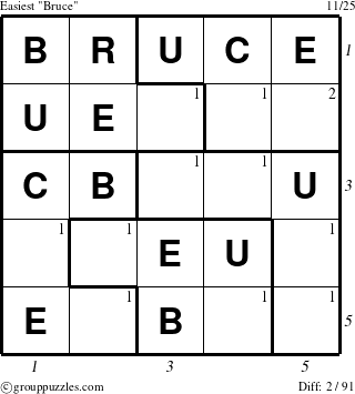 The grouppuzzles.com Easiest Bruce puzzle for , suitable for printing, with all 2 steps marked