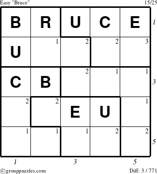 The grouppuzzles.com Easy Bruce puzzle for  with all 3 steps marked