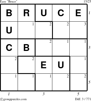 The grouppuzzles.com Easy Bruce puzzle for , suitable for printing, with all 3 steps marked