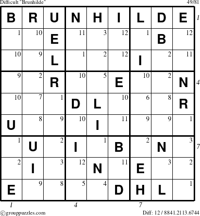 The grouppuzzles.com Difficult Brunhilde puzzle for , suitable for printing, with all 12 steps marked