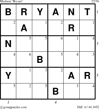 The grouppuzzles.com Medium Bryant puzzle for , suitable for printing, with all 6 steps marked