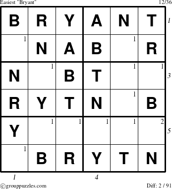 The grouppuzzles.com Easiest Bryant puzzle for  with all 2 steps marked