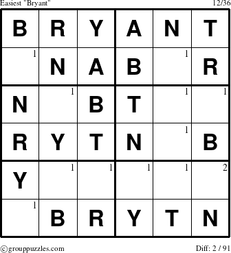 The grouppuzzles.com Easiest Bryant puzzle for  with the first 2 steps marked