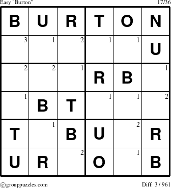 The grouppuzzles.com Easy Burton puzzle for  with the first 3 steps marked