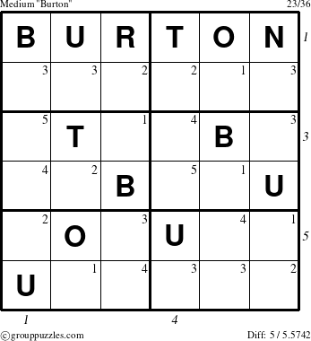 The grouppuzzles.com Medium Burton puzzle for , suitable for printing, with all 5 steps marked