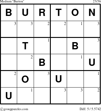 The grouppuzzles.com Medium Burton puzzle for  with the first 3 steps marked