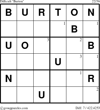 The grouppuzzles.com Difficult Burton puzzle for  with the first 3 steps marked