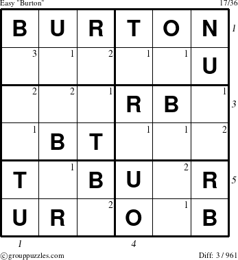 The grouppuzzles.com Easy Burton puzzle for  with all 3 steps marked
