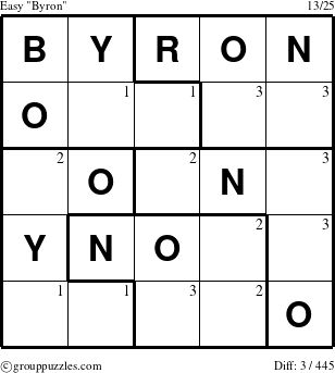 The grouppuzzles.com Easy Byron puzzle for  with the first 3 steps marked