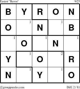 The grouppuzzles.com Easiest Byron puzzle for  with the first 2 steps marked