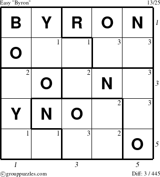 The grouppuzzles.com Easy Byron puzzle for , suitable for printing, with all 3 steps marked