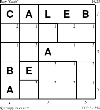 The grouppuzzles.com Easy Caleb puzzle for , suitable for printing, with all 3 steps marked