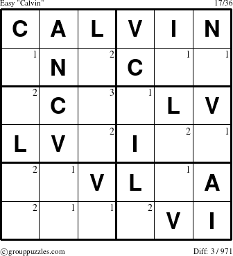The grouppuzzles.com Easy Calvin puzzle for  with the first 3 steps marked