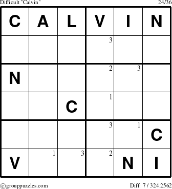 The grouppuzzles.com Difficult Calvin puzzle for  with the first 3 steps marked