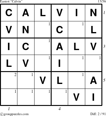 The grouppuzzles.com Easiest Calvin puzzle for  with all 2 steps marked