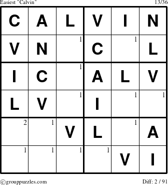 The grouppuzzles.com Easiest Calvin puzzle for  with the first 2 steps marked
