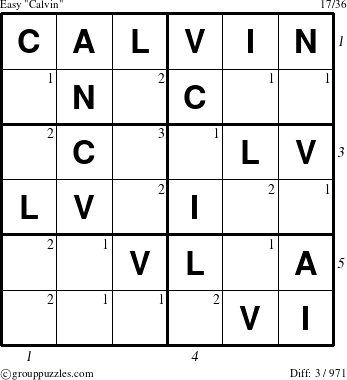 The grouppuzzles.com Easy Calvin puzzle for  with all 3 steps marked