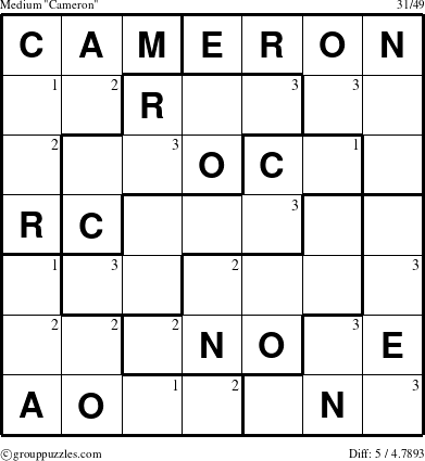 The grouppuzzles.com Medium Cameron puzzle for  with the first 3 steps marked