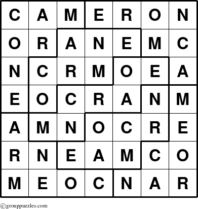 The grouppuzzles.com Answer grid for the Cameron puzzle for 
