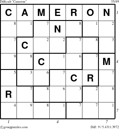 The grouppuzzles.com Difficult Cameron puzzle for  with all 9 steps marked
