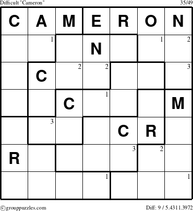 The grouppuzzles.com Difficult Cameron puzzle for  with the first 3 steps marked