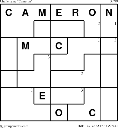 The grouppuzzles.com Challenging Cameron puzzle for  with the first 3 steps marked