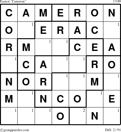 The grouppuzzles.com Easiest Cameron puzzle for  with the first 2 steps marked