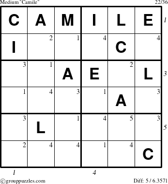 The grouppuzzles.com Medium Camile puzzle for  with all 5 steps marked