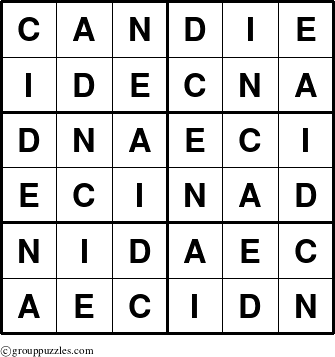 The grouppuzzles.com Answer grid for the Candie puzzle for 