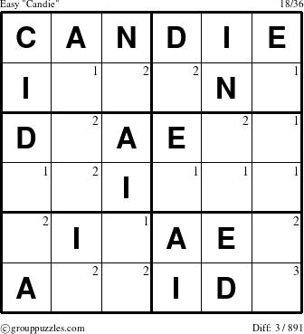 The grouppuzzles.com Easy Candie puzzle for  with the first 3 steps marked