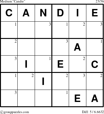 The grouppuzzles.com Medium Candie puzzle for  with the first 3 steps marked
