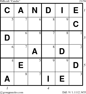 The grouppuzzles.com Difficult Candie puzzle for , suitable for printing, with all 9 steps marked