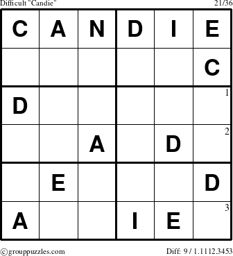 The grouppuzzles.com Difficult Candie puzzle for  with the first 3 steps marked